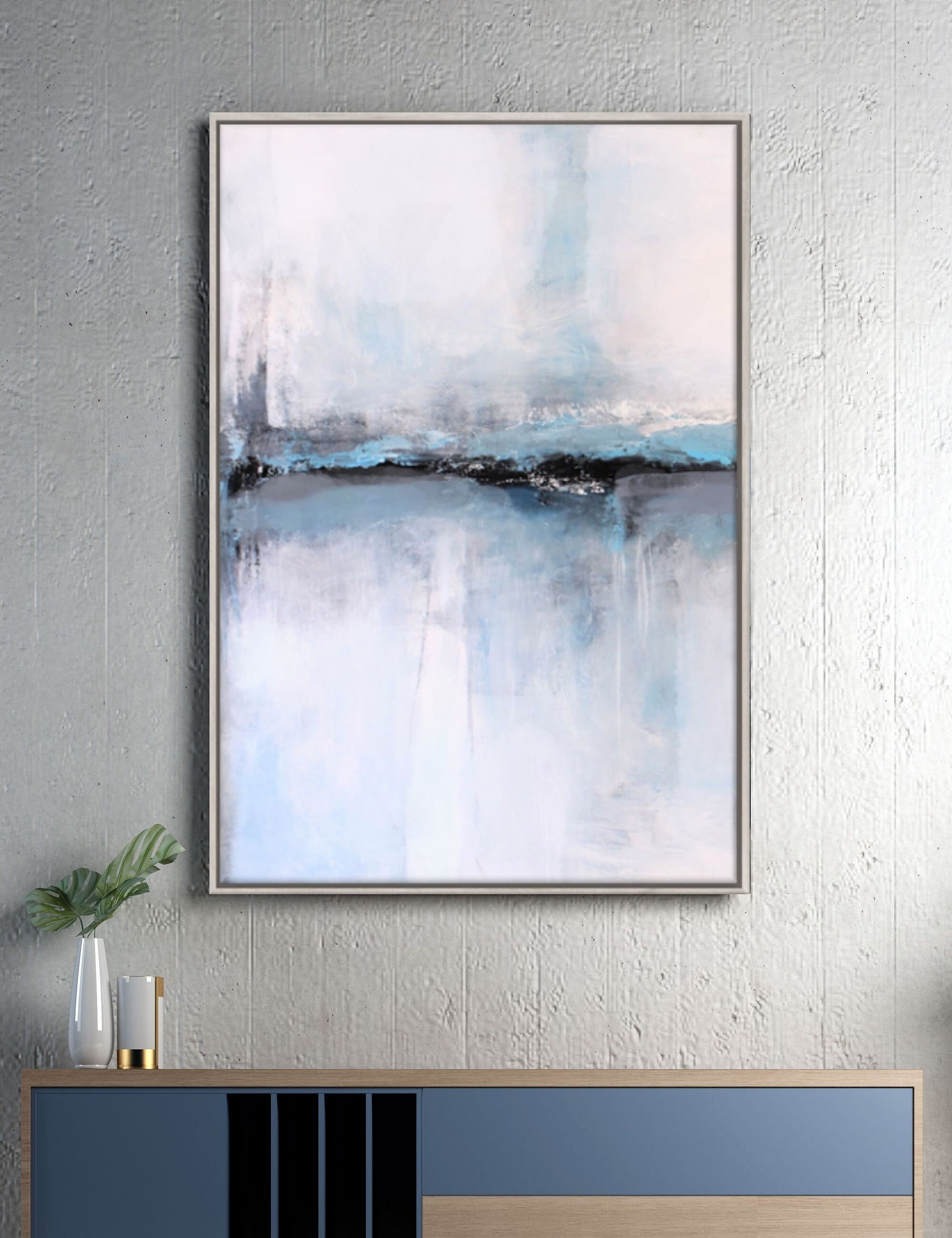 Gray Abstract Canvas Art, Framed White Modern Art for Bedroom, Vertical