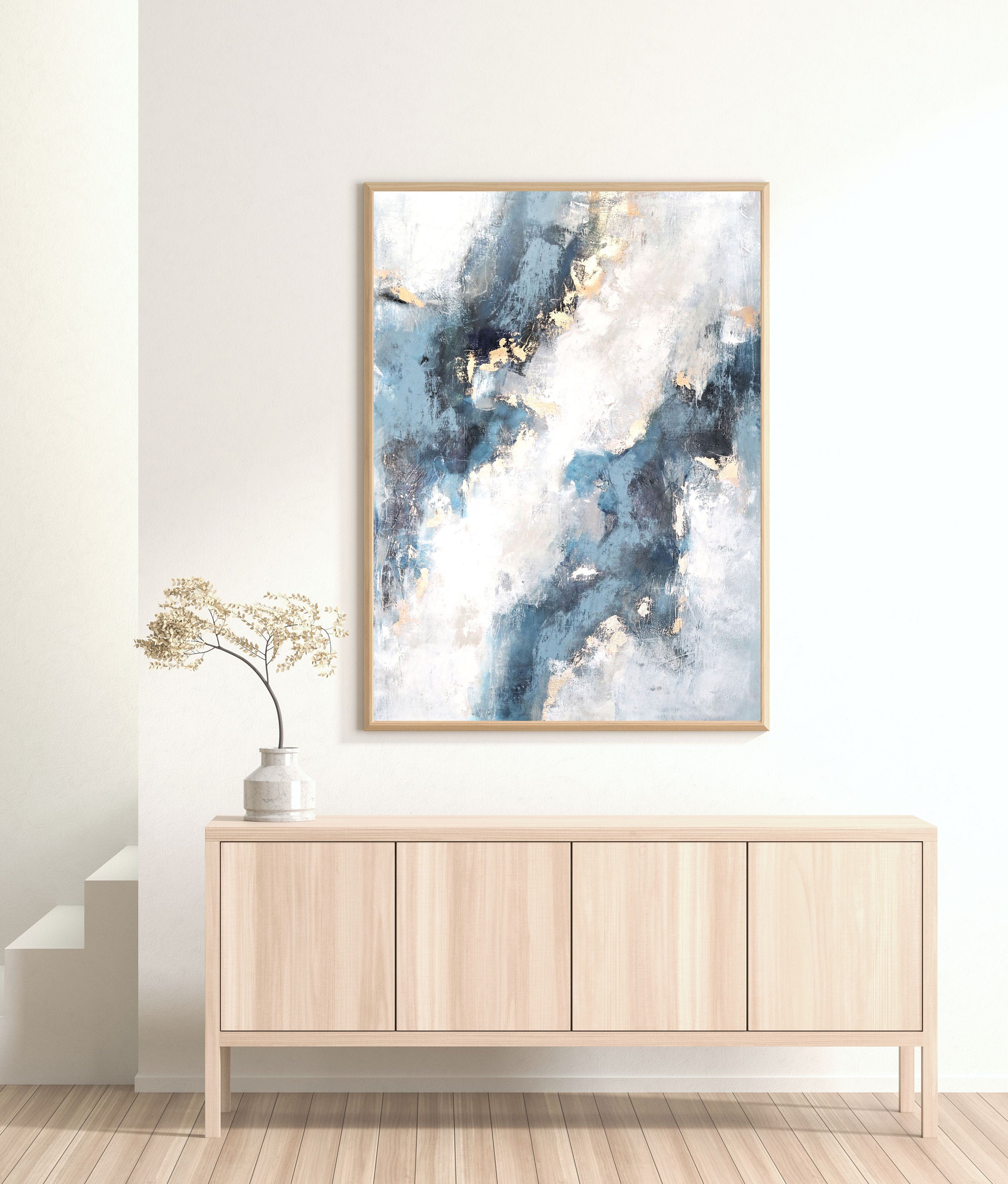 Original Abstract Painting, Blue and Gold Canvas Art, 30x40 Textured