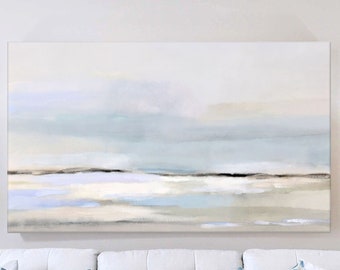 Modern Landscape Painting, Calming Wall Art, Relaxing Bedroom Soft Coastal Decor, Large Horizontal Canvas Art, Sunrise