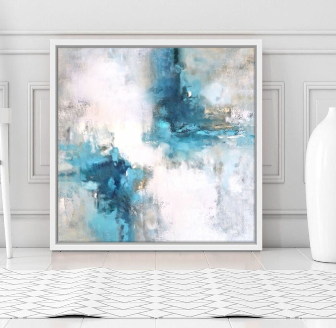 Abstract Canvas Painting, Teal Blue Wall Art, Square Modern Textured