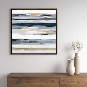 Abstract Sunset Painting, Navy Blue And White Modern Ocean Canvas Art, 24x24, 30x30, 36x36'' image 3