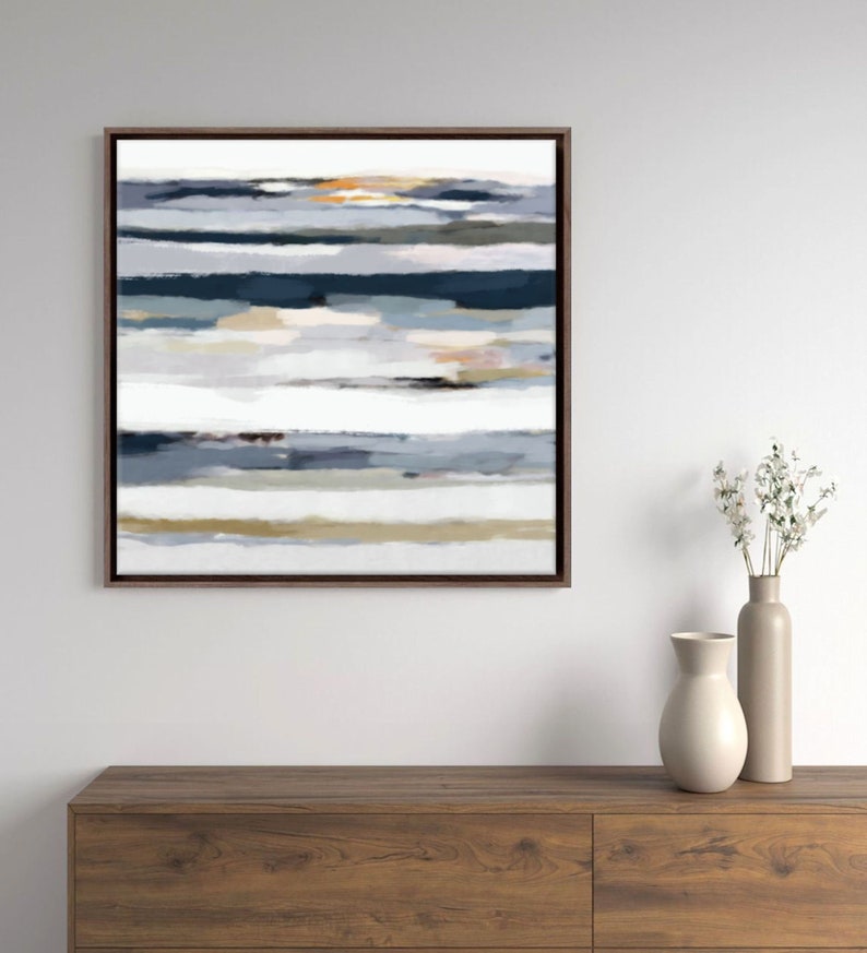 Abstract Sunset Painting, Navy Blue And White Modern Ocean Canvas Art, 24x24, 30x30, 36x36'' image 3