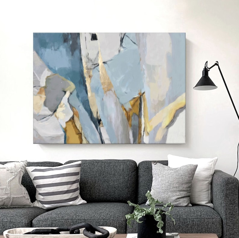 Large Living Room Painting Blue and Yellow Abstract Canvas Etsy