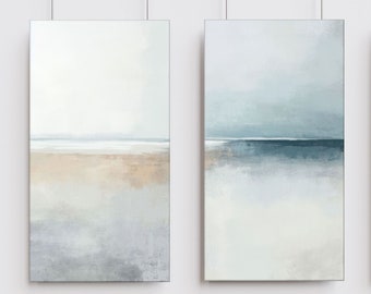 Minimalist Landscape, Large Neutrals And Blue Canvas Art, Set of 2 Paintings, Calming Modern Wall Decor