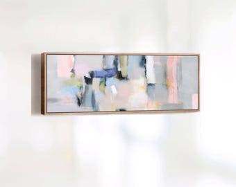 Large Horizontal Abstract Painting - Soft Pink And Gray Canvas Art, Calming Bedroom Decor, 60 Inch Statement Piece