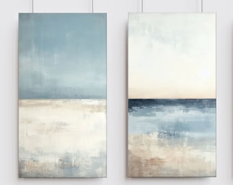 Minimalist Landscape Textured Canvas Art, Long Vertical Set of 2 Paintings, Blue And Beige Calming Bedroom Wall Decor