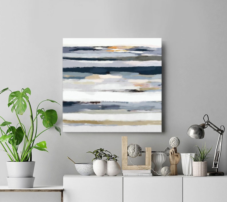 abstract sunset navy blue and white canvas art modern ocean painting