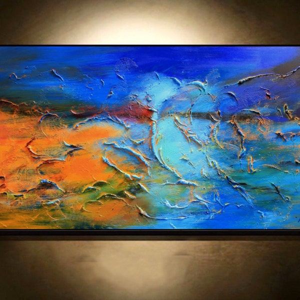 SALE Large Canvas Art Blue And Orange Wall Art Abstract Painting, Large Artwork Living Room Painting, Blue Wall Art Modern Art, Christovart
