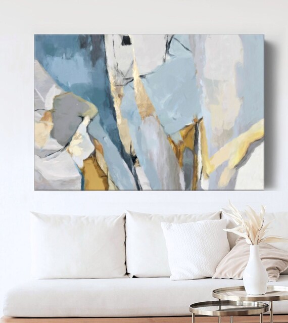 Large Living Room Painting Blue and Yellow Abstract Canvas Etsy
