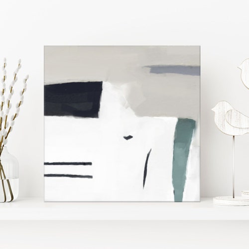 Black And White Square Abstract shops Painting, Large Neutral Modern Art, Minimalist Canvas Art, Beige Black And Green Wall Art Decor