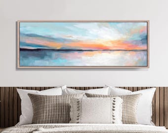 Large Abstract Landscape Canvas Art - Framed Panoramic Wall Decor for Living Room or Office - Hand-Textured Sunset Artwork 20x60