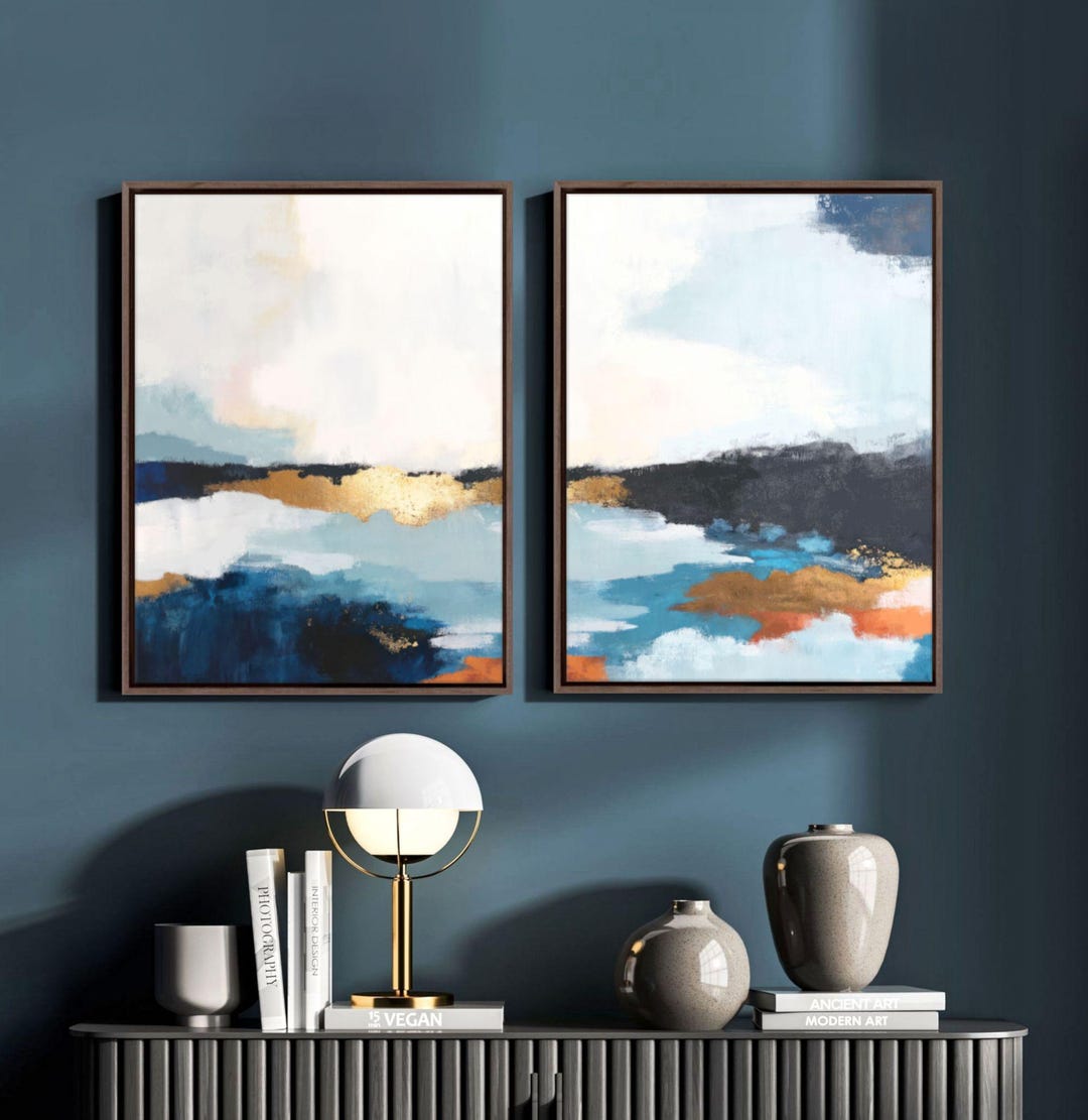 Two Piece Abstract Canvas Set - Modern Blue Wall Art for Living Room ...