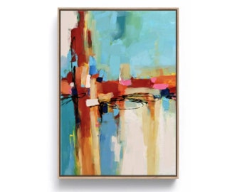 Large Colorful Abstract Painting, Contemporary Canvas Art, Vibrant Modern Teal Blue And Orange Artwork, 24x36, 30x40