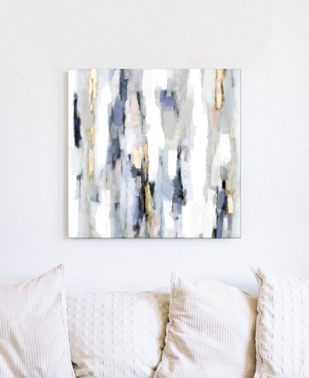 Elegant Abstract Painting, Blue White and Gold Canvas Art, Golden Rain