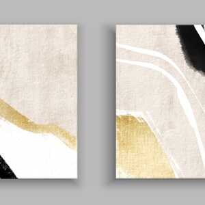 Set of 2 Canvas Paintings, Beige And Gold Abstract Art, Black And White Hand Textured Minimalist Modern Art, 24x48, 32x48''