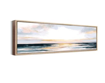 Framed Ocean Sunrise Canvas - Large Wide Hand-Textured Coastal Art - Panoramic Seascape for Home & Office - Over Couch Or Bed Artwork