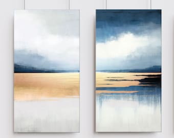 Minimalist Landscape, Blue White And Gold Textured Canvas Art, Long Vertical Set of 2 Paintings