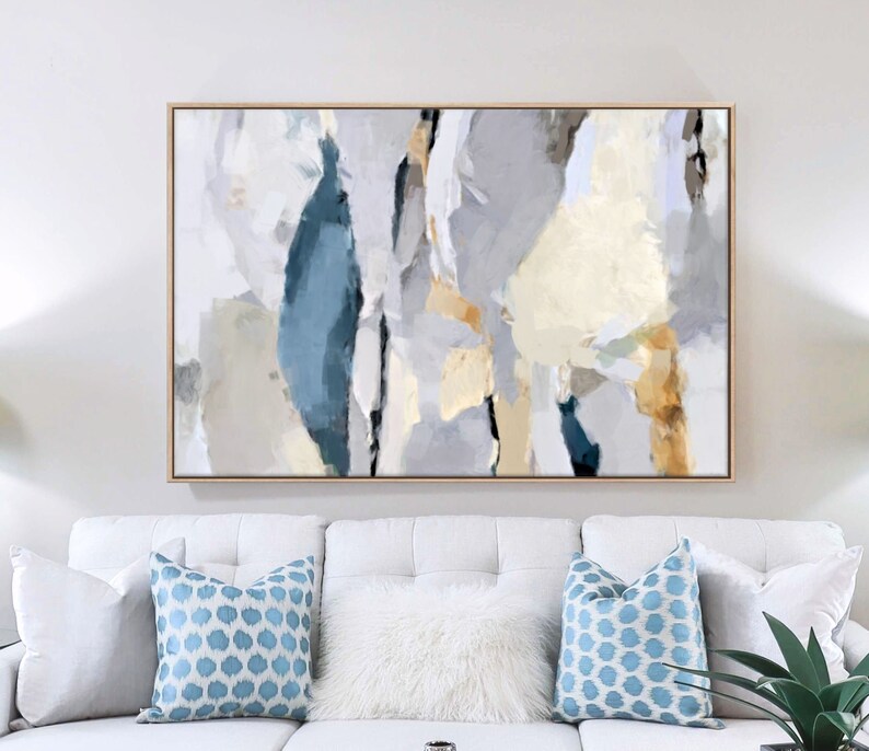 Large Blue and Gray Abstract Painting, Neutral Wall Art, Yellow and