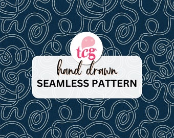 Op de afbeelding: Een naadloos patroon met een donkerblauwe achtergrond en handgetekend witte lijnen. Het patroon bestaat uit een reeks met elkaar verbonden lussen en swirls. De tekst "hand drawn seamless pattern" is in wit op een witte rechthoek geschreven.