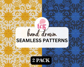 Op de afbeelding: Twee naadloze patronen met handgetekend illustraties van een gele zon en een blauwe maan met gesloten ogen. De patronen zijn op een witte achtergrond met kleine witte bloemen en bladeren. De tekst "hand drawn seamless patterns 2 pack" wordt weergegeven op de afbeelding.