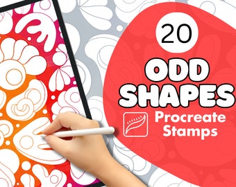 Puede incluir: Una ilustración digital de 20 formas extrañas, perfectas para usar como sellos de Procreate. Las formas son una mezcla de formas abstractas y orgánicas, y todas están delineadas en negro. La imagen también incluye una mano sosteniendo un lápiz óptico, dibujando en una tableta.