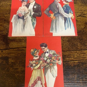 Lot 3 pięknych, podpisanych przez artystę włoskich romantycznych pocztówek Sergio Bombarda LOT #3