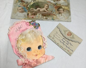Vintage Lot of 3 Baby Birth Announcement Cards