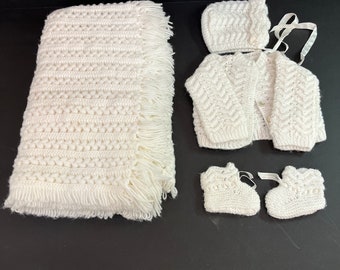Vintage Handmade Wool Baby Set with Blanket Sweater Hat and Booties