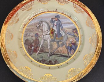 Assiette décorative vintage Bavaria, crème, bordure dorée, soldat à cheval