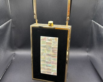 Vintage 1960's Tyrolean Rectangle Black Gold and Mother of Pearl Purse Mirror Mounted in Purse