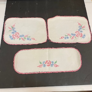 Vintage embroidered 3 piece dresser linen set pink white blue yellow and green