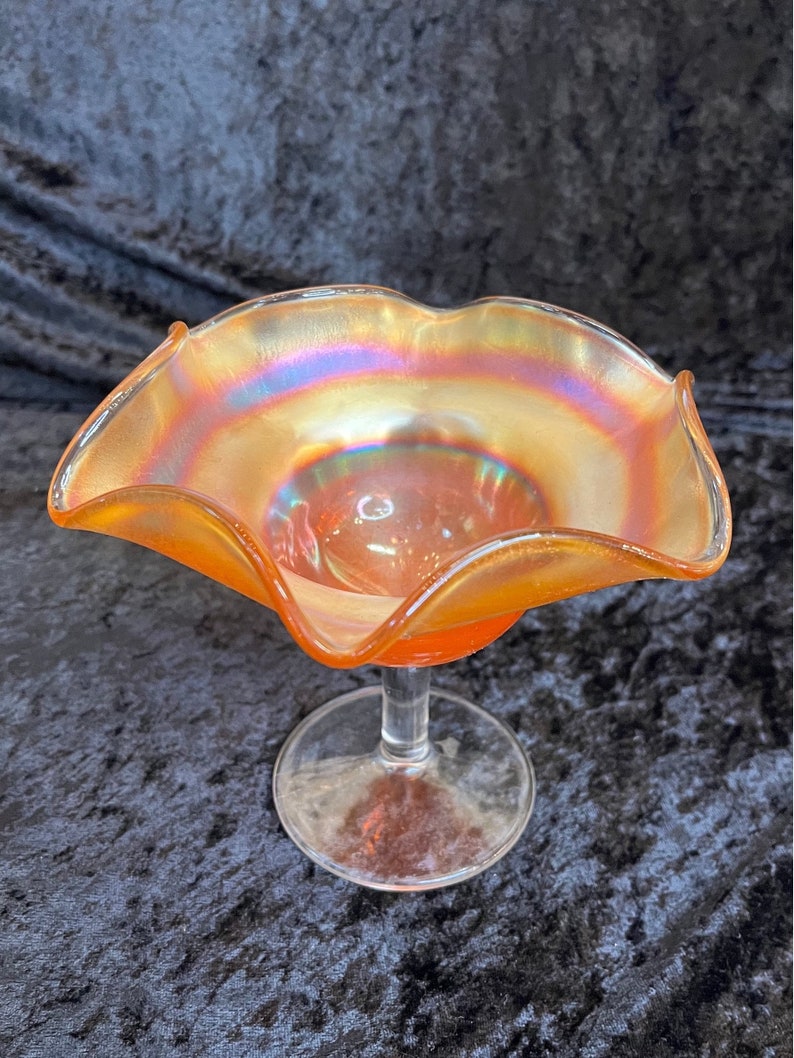 Vintage Marigold Carnival Glass Stemmed Compote image 1