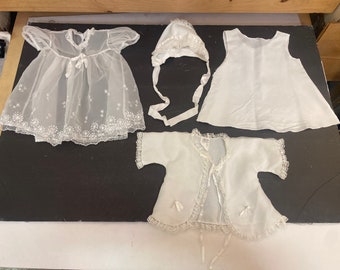 Vintage baby girls clothing set cardigan dress slip and bonnet lace sheer and white