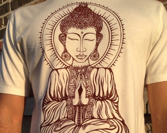 Awaken, Organic Cotton And Bamboo Ring Spun Tee, Sacred Geometry Clothing, Meditating Buddha T-Shirt