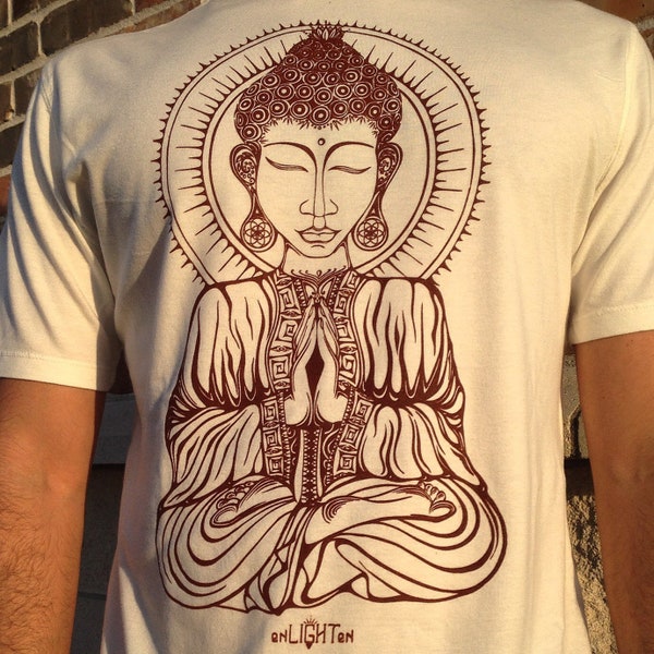 Awaken, Organic Cotton And Bamboo Ring Spun Tee, Sacred Geometry Clothing, Meditating Buddha T-Shirt