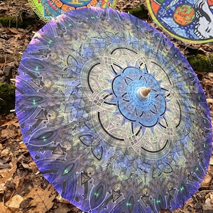 Cubular Sacred Geometry Bamboo Parasol – UV Reactive, Blacklight Fluorescent, Festival & Rave Accessory, 33" Wide, Art by Glenn Thompson