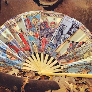 Mystic Rider Waite Tarot Card Deck Hand Fan – Oversized Bamboo Hand Fan, Festival Apparel, Fortune Teller Tools, Magic Mystic Accessories