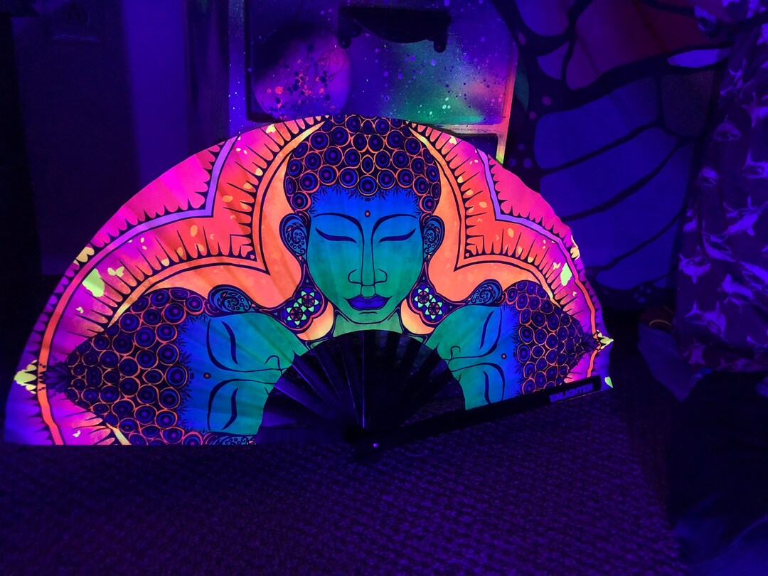 Awaken Buddha Inspired Black Light Reactive Hand Fan Festival &