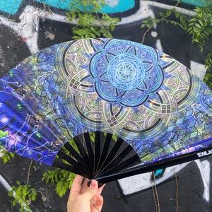 Cubular Sacred Geometry Giant Hand Fan – UV Reactive, Festival Accessory, Hand-Painted Design by Glenn Thompson, Lightweight & Durable