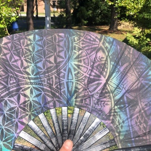 Large Dark Rainbow Reflective Sacred Geometry Hand Fan – Flash Reactive, Flower of Life Design, Festival Fashion, Rave Accessories