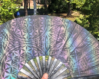 Reflective Rainbow Hand Fan – Flower of Life, Rave Festival Accessory