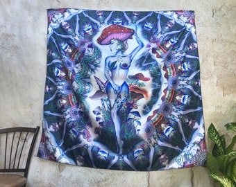 Alice In Mushroomland Trippy Psychedelic Mushroom Tapestry and Bandana