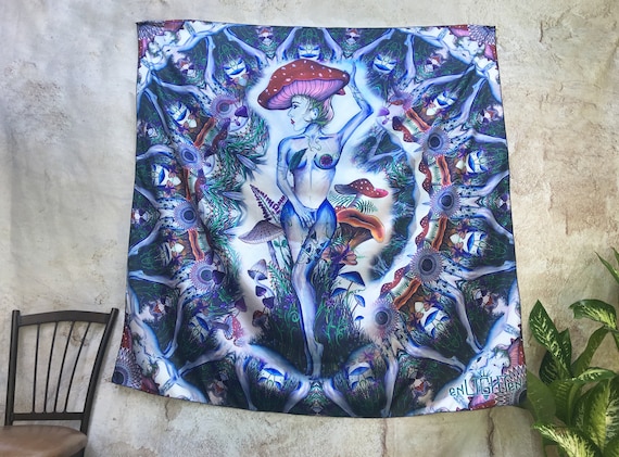 Alice In Mushroomland Trippy Psychedelic Mushroom Tapestry and Bandana