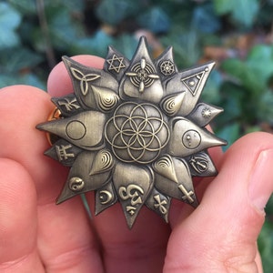 Golden Lotus Seed of Life Hat Pin, Interfaith Spiritual Symbols, Ankh, Yin Yang, Om, Star of David, Cross, Buddhist Wheel, and Star of Islam