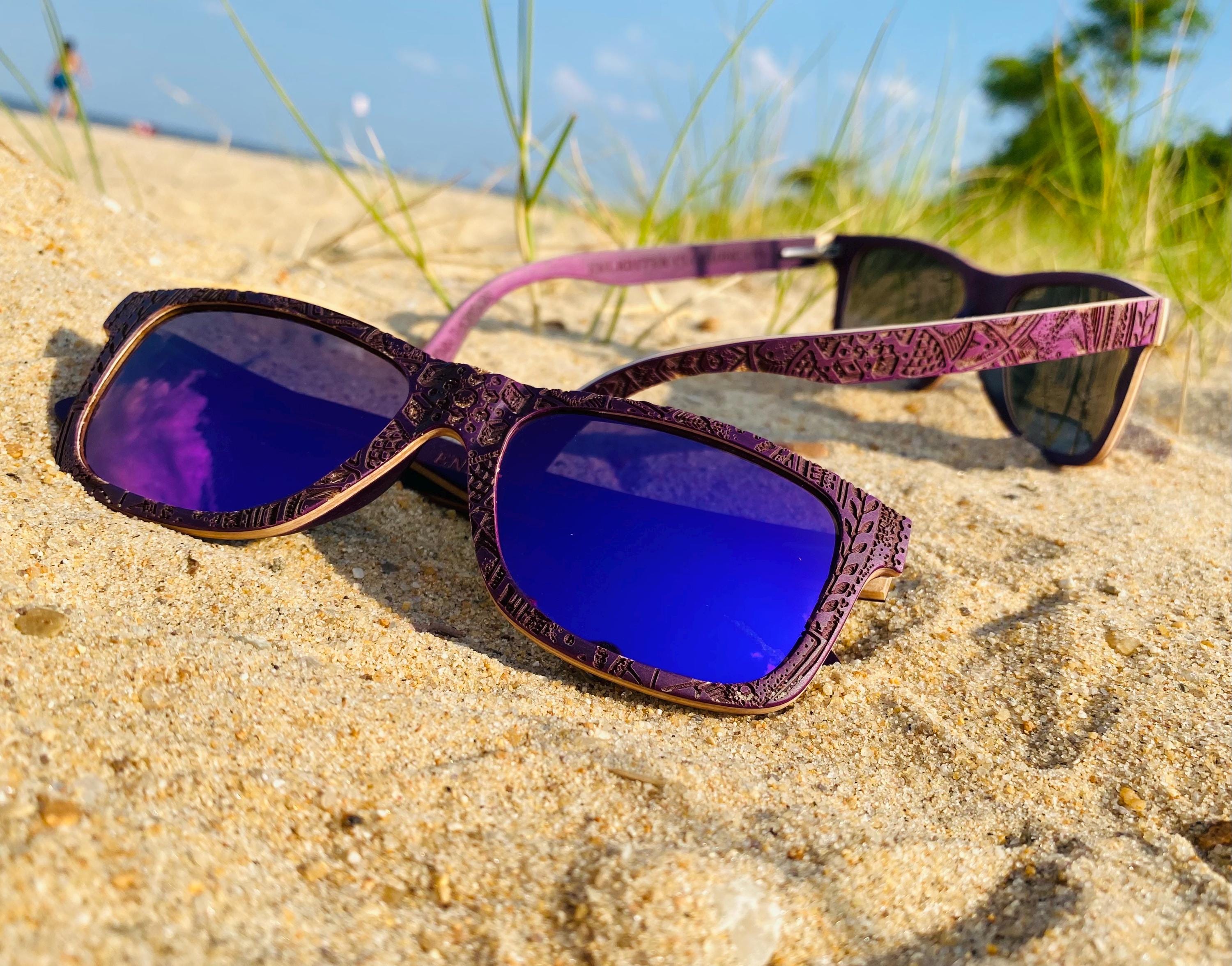 New in box space of Woods Purple Sunglasses in wood frame Vineyard Sun Sunglasses—The Wine Lover main image 3