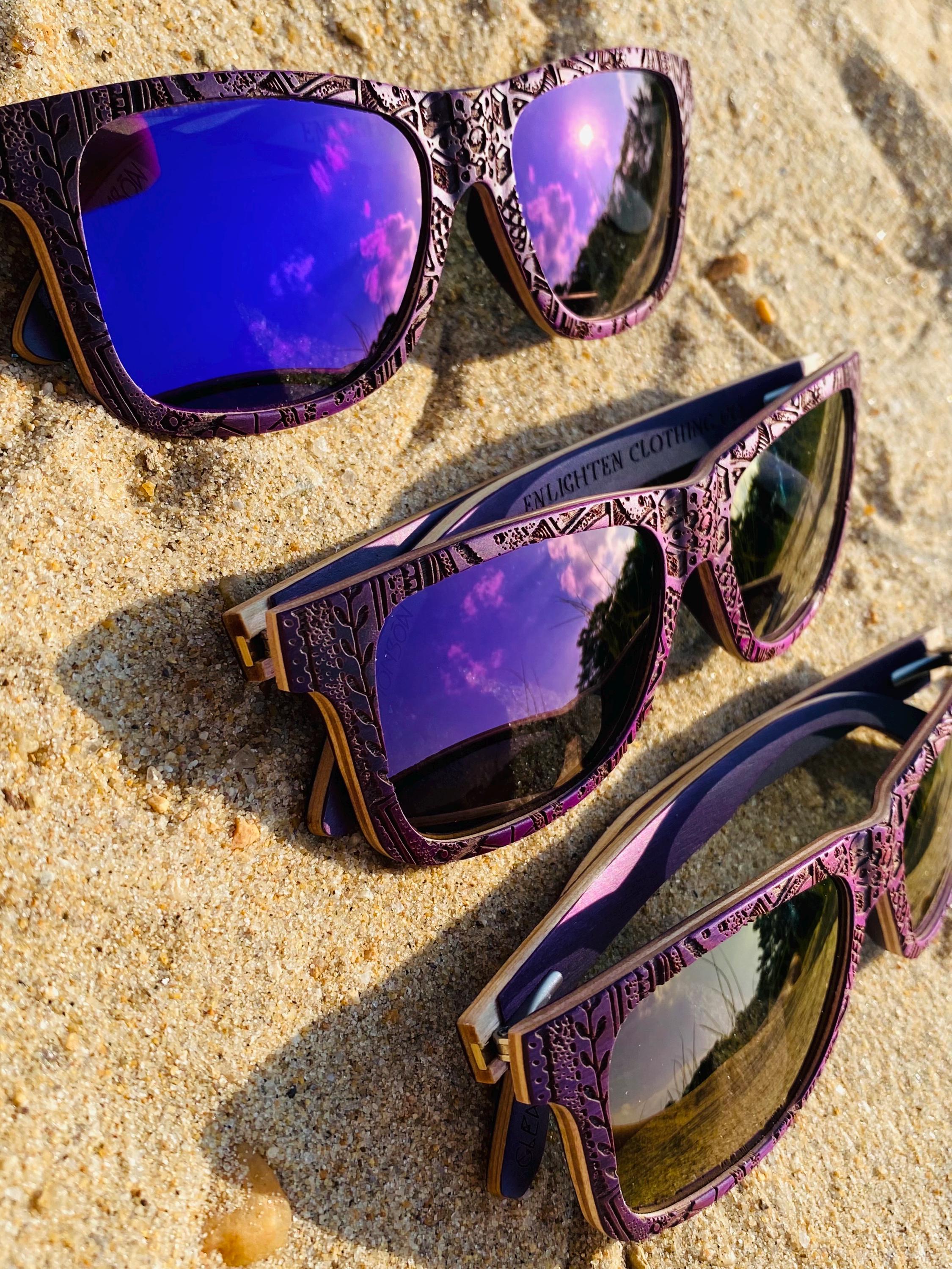 New in box space of Woods Purple Sunglasses in wood frame Vineyard Sun Sunglasses—The Wine Lover main image 2