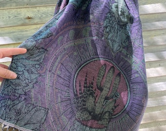 Crystal Cactus Pashmina – Double Ply Reversible Festival Fashion, Hand-Drawn Design by Melanie & Justin, Vibrant Cactus Art, 28” x 71”