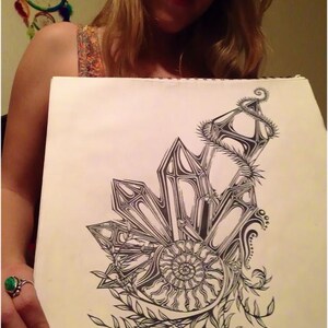 May include: A black and white ink drawing of a spiral shell with a crystal-like structure and a vine with leaves.