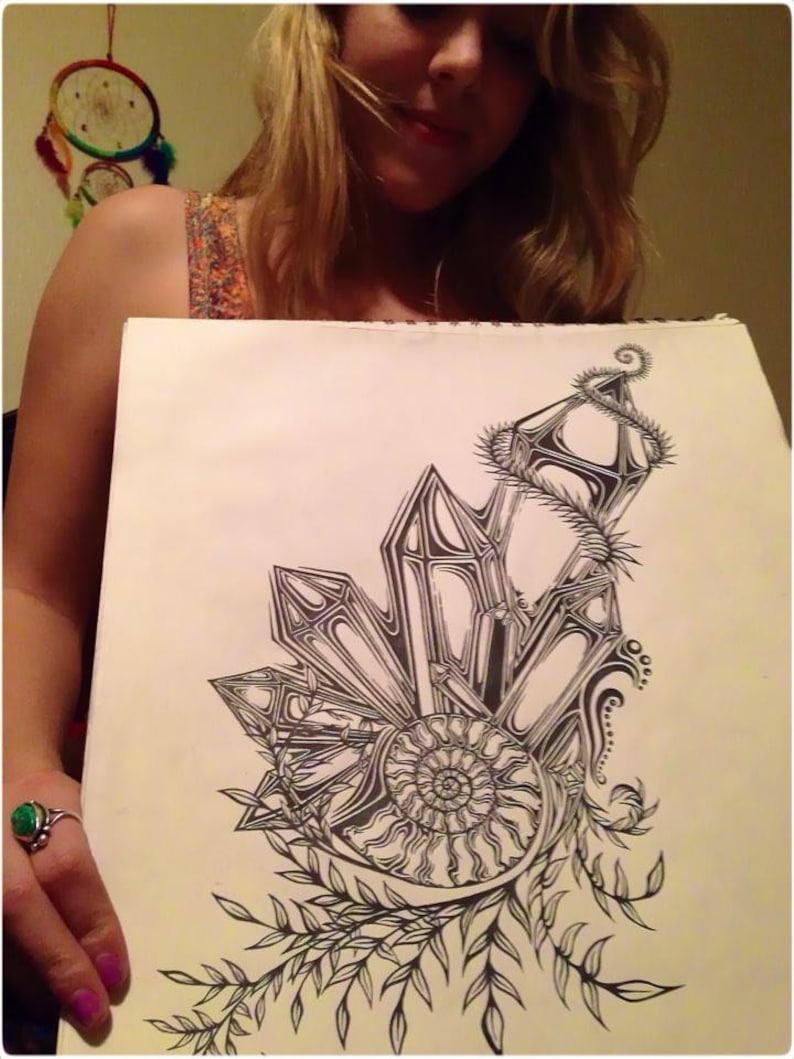 May include: A black and white ink drawing of a spiral shell with a crystal-like structure and a vine with leaves.