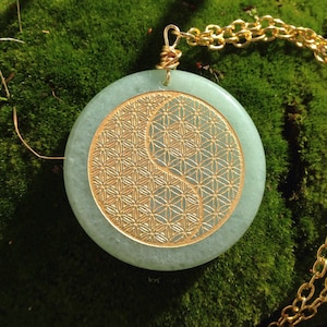 Green Aventurine Crystal Pendant – Flower of Life Yin Yang Sacred Geometry Pendant by Melanie Bodnar, Healing Crystal Jewelry